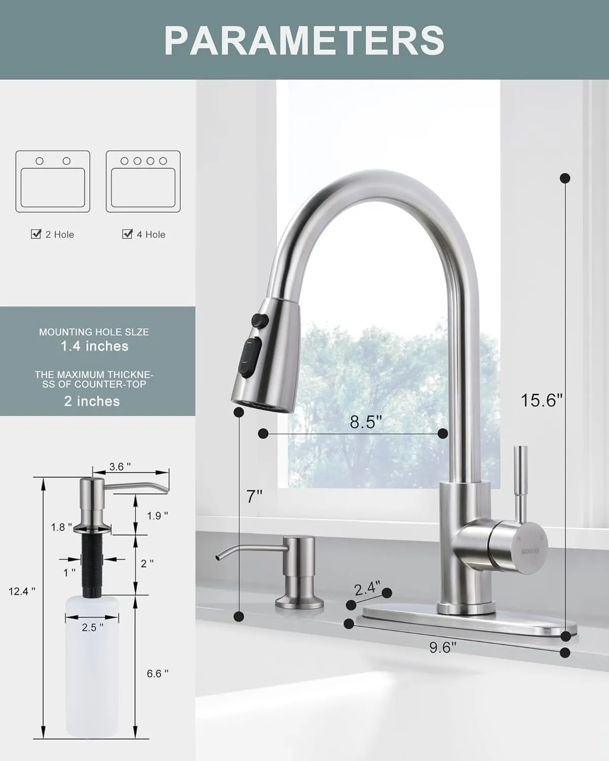 WOWOW Kitchen Faucet with Soap Dispenser, Stainless Steel Pull Down Faucet Brushed Nickel Utility Faucet Single Handle High Arc Kitchen Tap for Sink, RV, Laundry, Bar