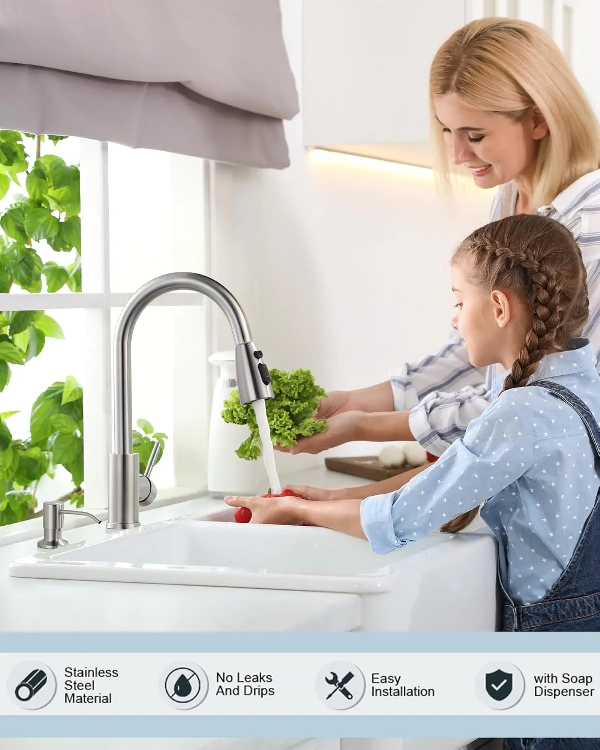 WOWOW Kitchen Faucet with Soap Dispenser, Stainless Steel Pull Down Faucet Brushed Nickel Utility Faucet Single Handle High Arc Kitchen Tap for Sink, RV, Laundry, Bar