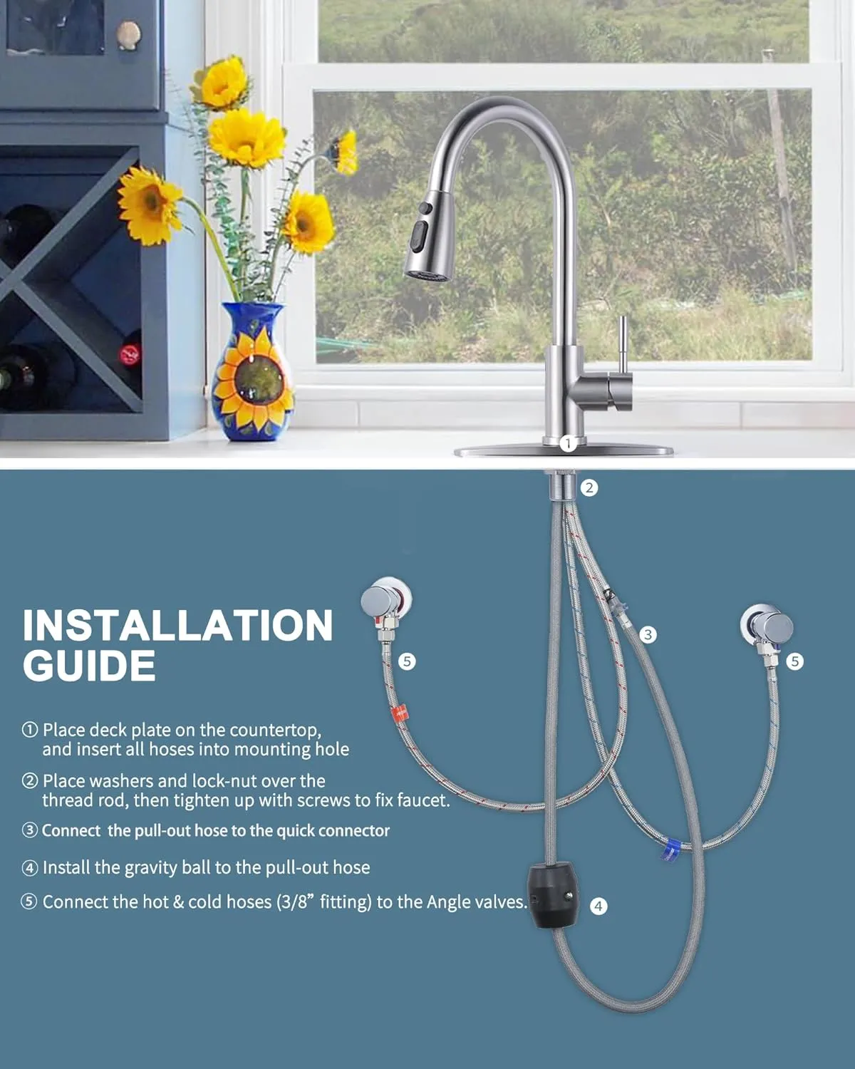 WOWOW Kitchen Faucet with Soap Dispenser, Stainless Steel Pull Down Faucet Brushed Nickel Utility Faucet Single Handle High Arc Kitchen Tap for Sink, RV, Laundry, Bar