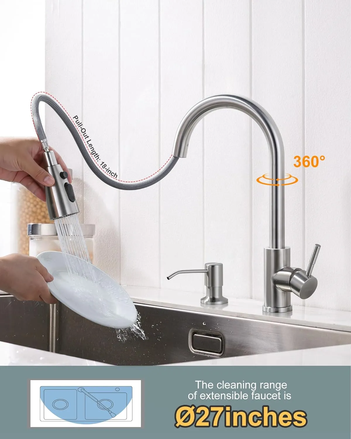 WOWOW Kitchen Faucet with Soap Dispenser, Stainless Steel Pull Down Faucet Brushed Nickel Utility Faucet Single Handle High Arc Kitchen Tap for Sink, RV, Laundry, Bar