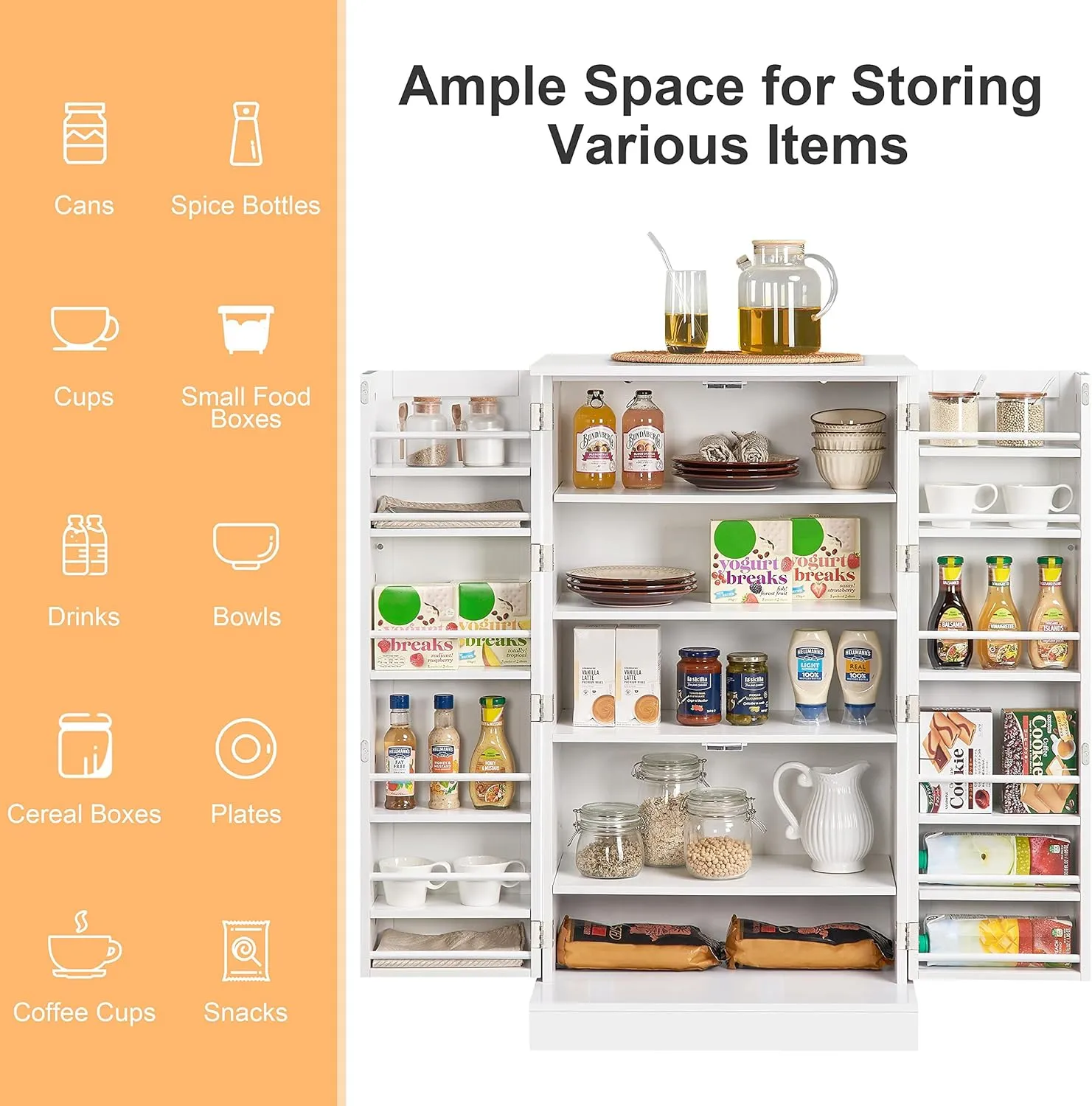 Yaheetech Storage Cabinet, Pantry Cabinet Cupboard with Door and Adjustable Shelves, Freestanding Utility Storage Cabinet for Dinning Room/Living Room, White