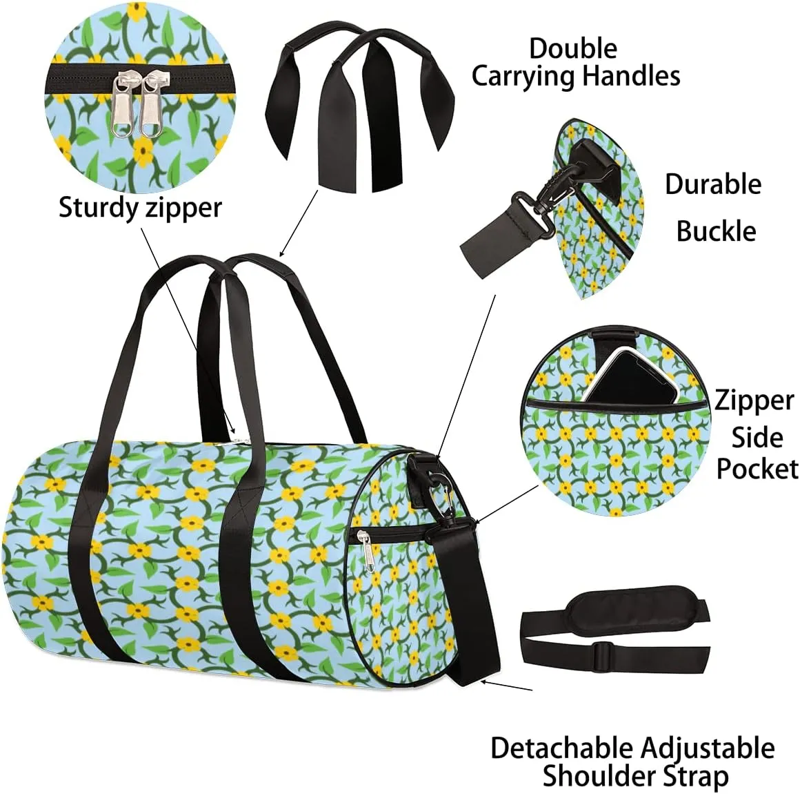 Yellow Green Flower Gym Bag Small Gym Duffel Bags for Men Women Floral Overnight Weekender Workout Bag Lightweight Sport Duffle Bag Carry On Gymbag