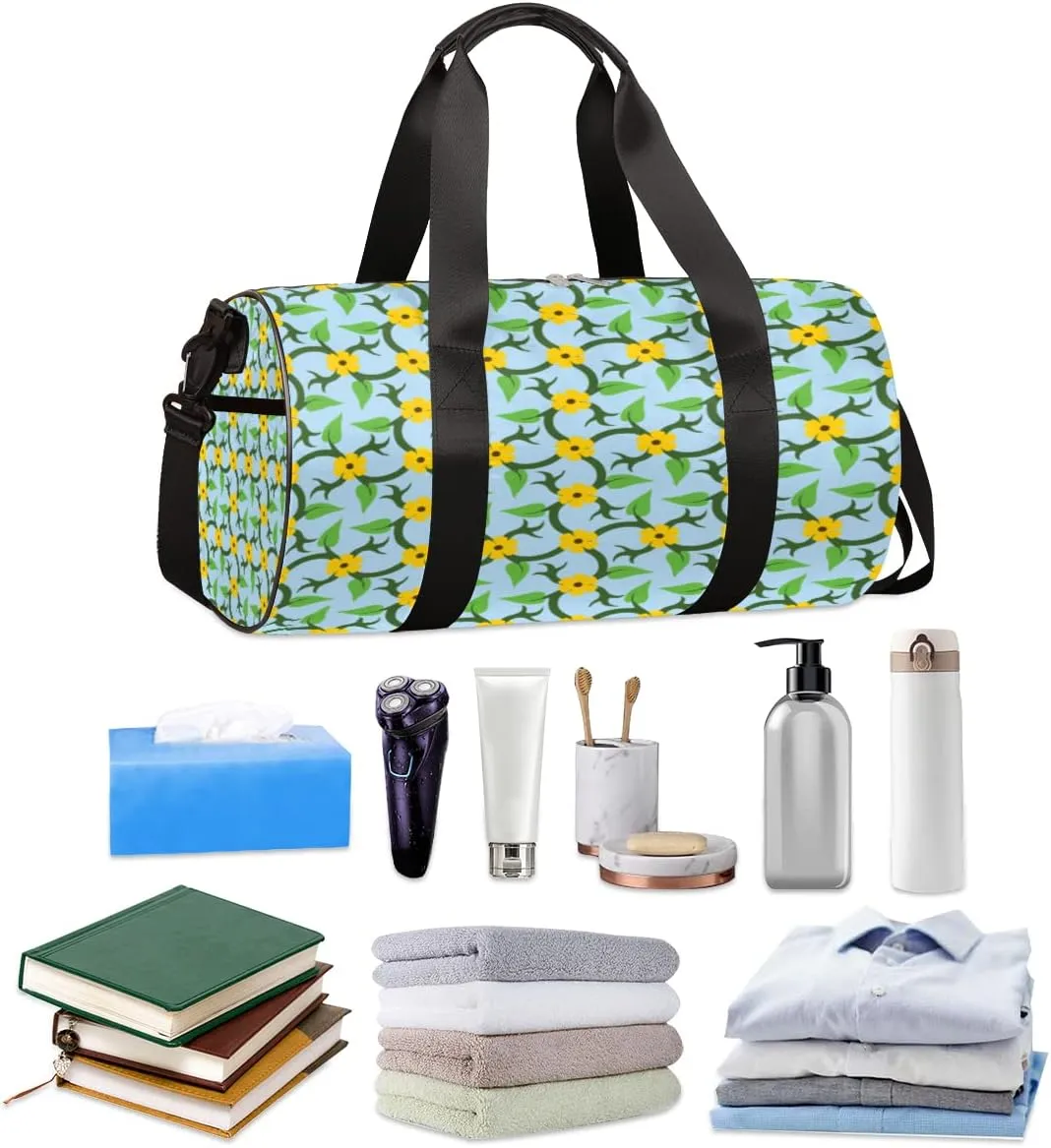 Yellow Green Flower Gym Bag Small Gym Duffel Bags for Men Women Floral Overnight Weekender Workout Bag Lightweight Sport Duffle Bag Carry On Gymbag
