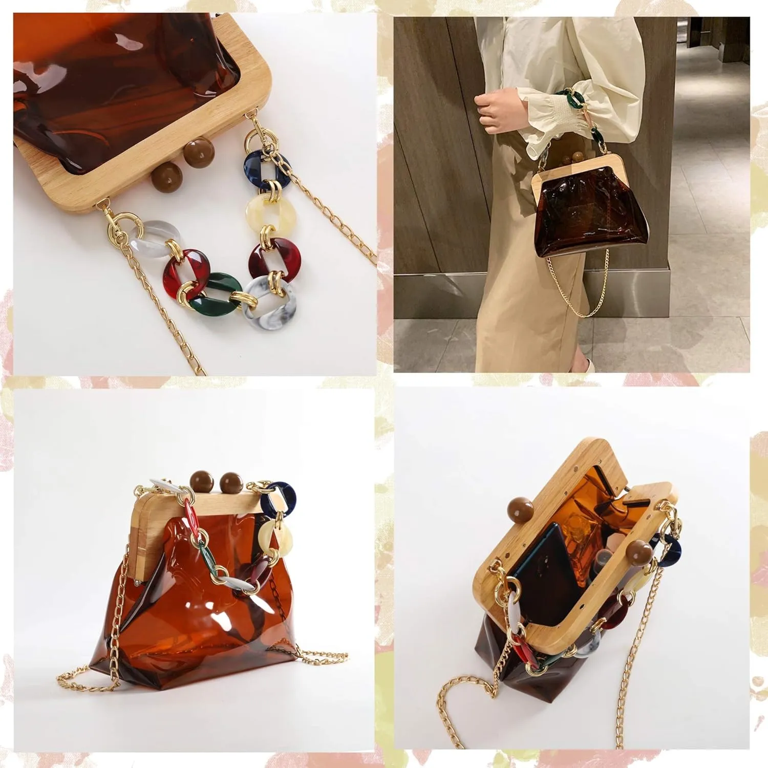 YUSHINY Women Transparent PVC Plastic Handbag Crossbody Durable Evening Bag with Removable Acrylic Curb Shoulder Strap