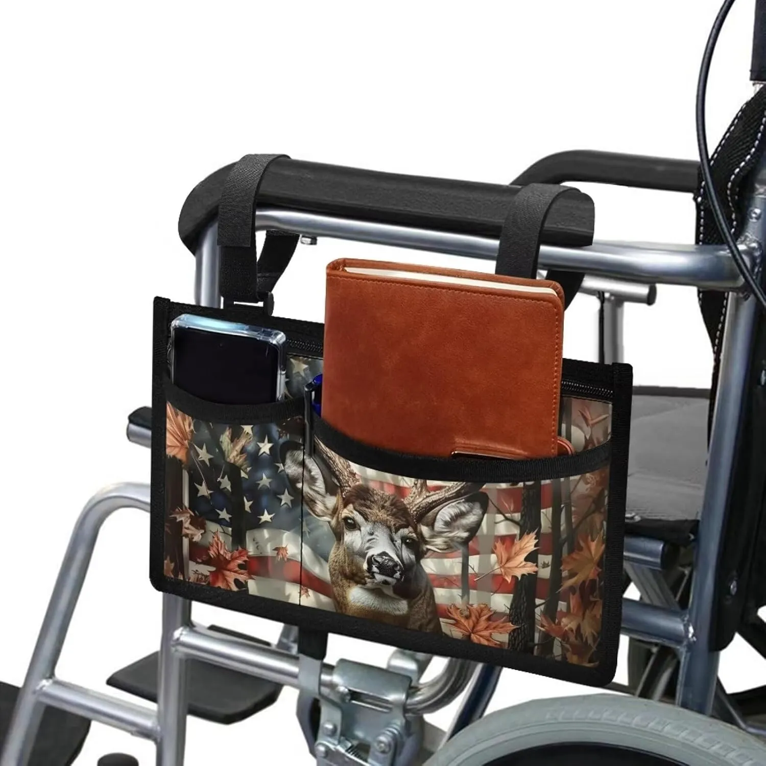 Yzaoxia Deer Wheelchair Accessories Side Bag for Adults Wheel Chair Bag Brown Wheelchair Bag Armrest Storage Pouch with Cup Holder Walker Organizer Pouches Portable Handicap Basket Roomy Zipper Pocket