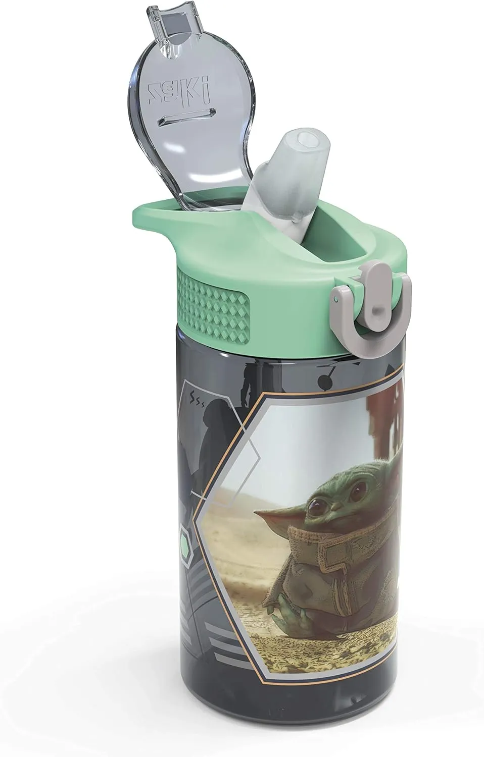 Zak Designs Baby Yoda Kids Durable Plastic Spout Cover And Built-in Carrying Loop, Leak-Proof Water Design For Travel, (16oz, 2pc Set), Grogu Bottle 2pk Star Wars