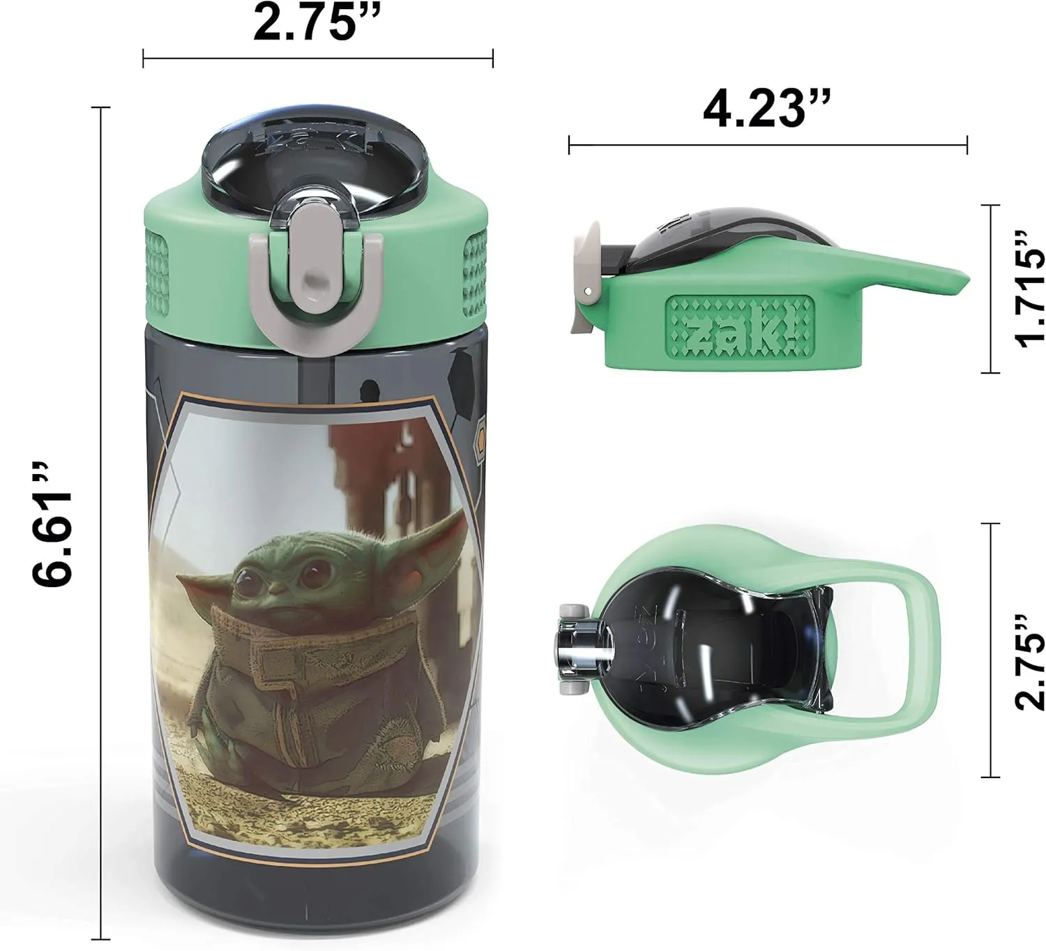 Zak Designs Baby Yoda Kids Durable Plastic Spout Cover And Built-in Carrying Loop, Leak-Proof Water Design For Travel, (16oz, 2pc Set), Grogu Bottle 2pk Star Wars