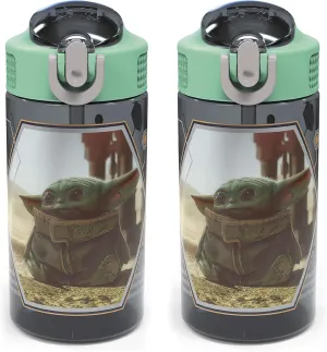 Zak Designs Baby Yoda Kids Durable Plastic Spout Cover And Built-in Carrying Loop, Leak-Proof Water Design For Travel, (16oz, 2pc Set), Grogu Bottle 2pk Star Wars