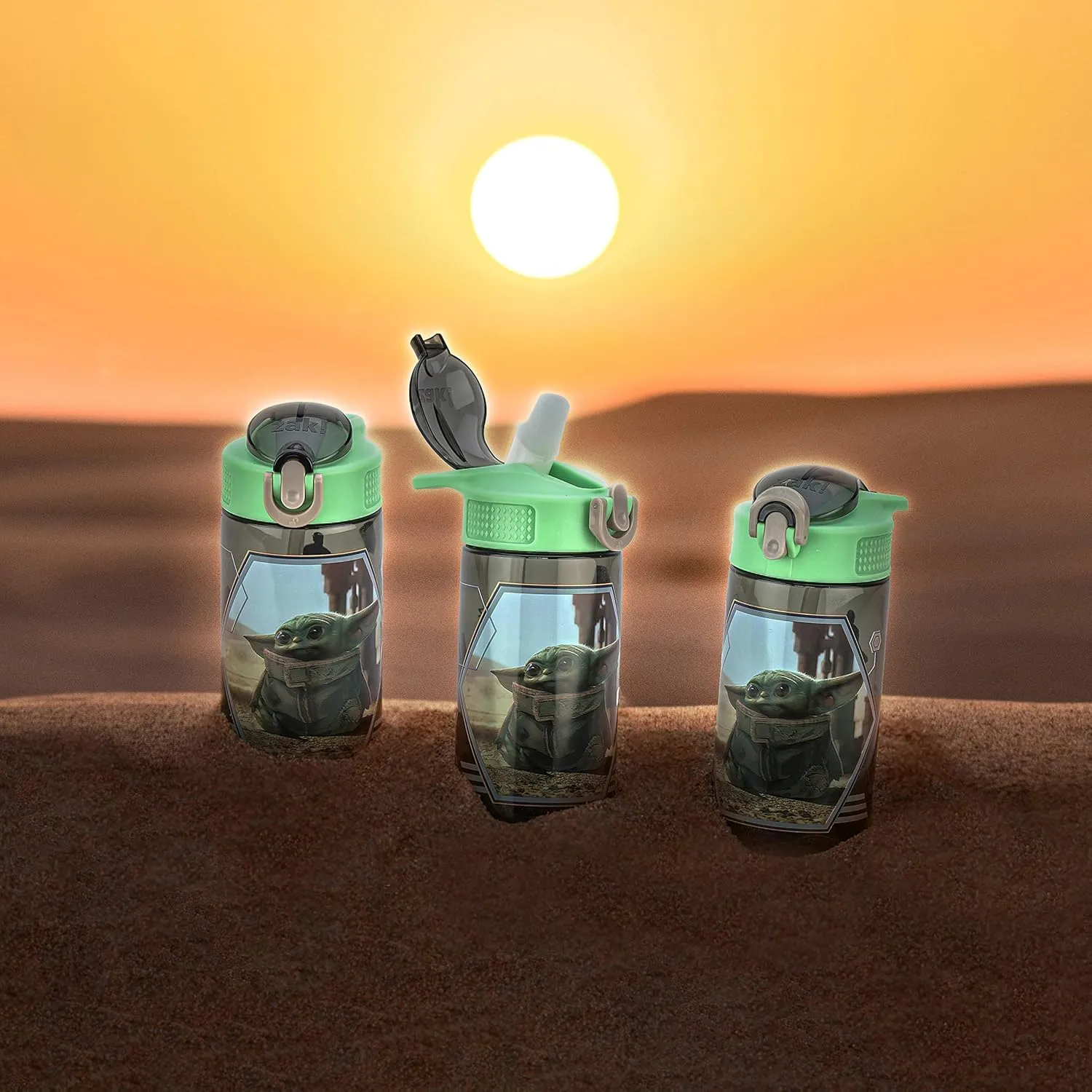 Zak Designs Baby Yoda Kids Durable Plastic Spout Cover And Built-in Carrying Loop, Leak-Proof Water Design For Travel, (16oz, 2pc Set), Grogu Bottle 2pk Star Wars