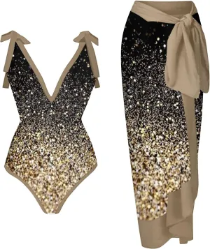 ZDRZK Sexy Sparkly One Piece Swimsuit with Beach Coverups Cute Printed Push Up Bikini Set Two Piece Wrap Skirt Bathing Suit