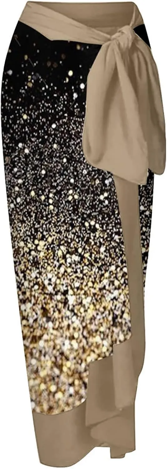 ZDRZK Sexy Sparkly One Piece Swimsuit with Beach Coverups Cute Printed Push Up Bikini Set Two Piece Wrap Skirt Bathing Suit