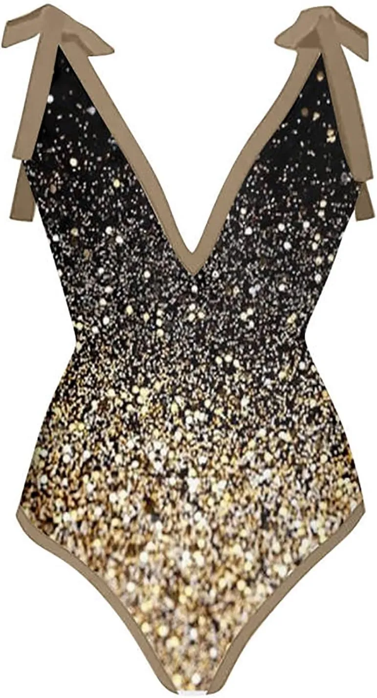 ZDRZK Sexy Sparkly One Piece Swimsuit with Beach Coverups Cute Printed Push Up Bikini Set Two Piece Wrap Skirt Bathing Suit