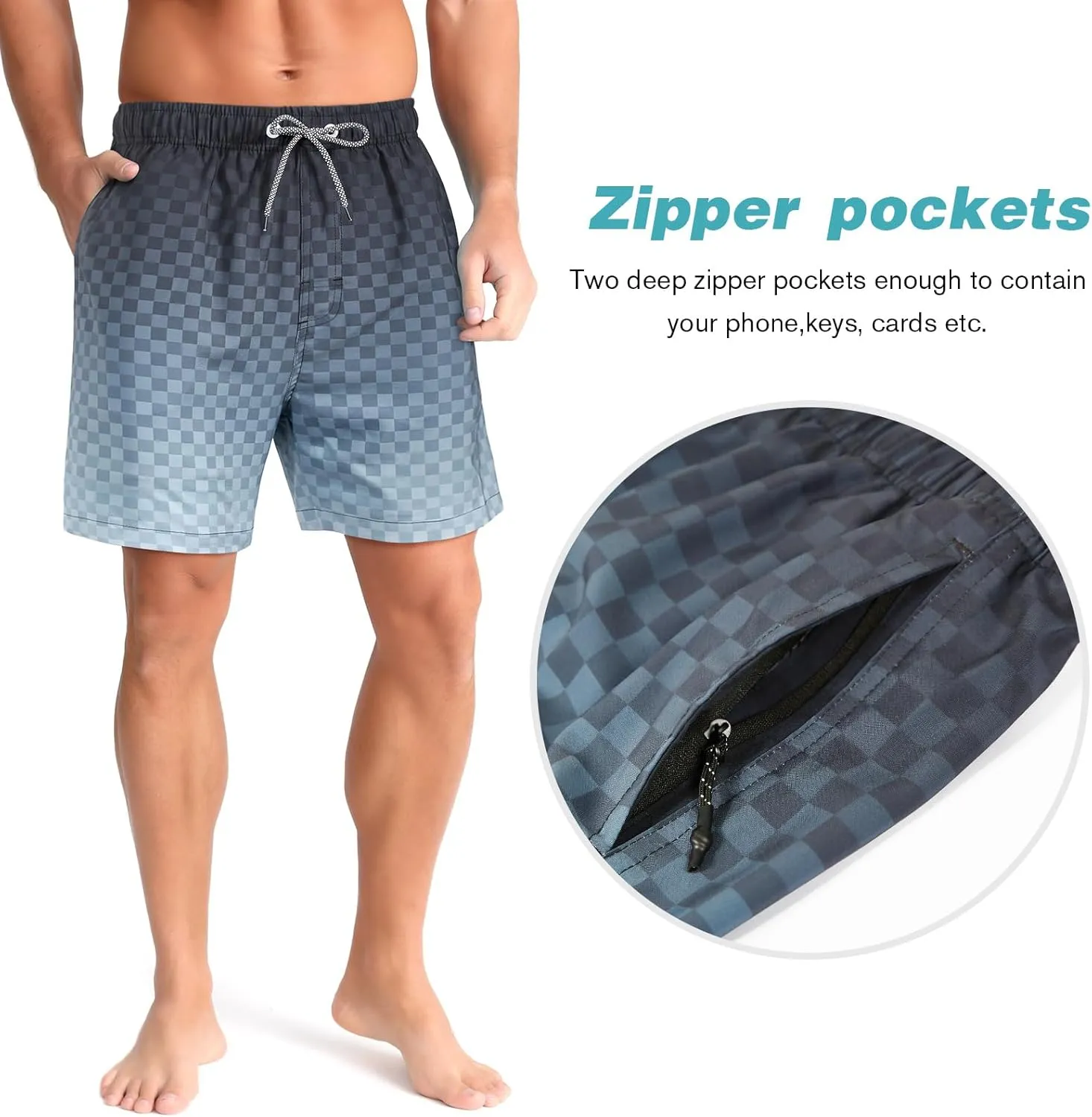 zeetoo Mens Swim Trunks with Compression Liner 5" Inseam Quick Dry Beach Shorts with Zipper Pockets