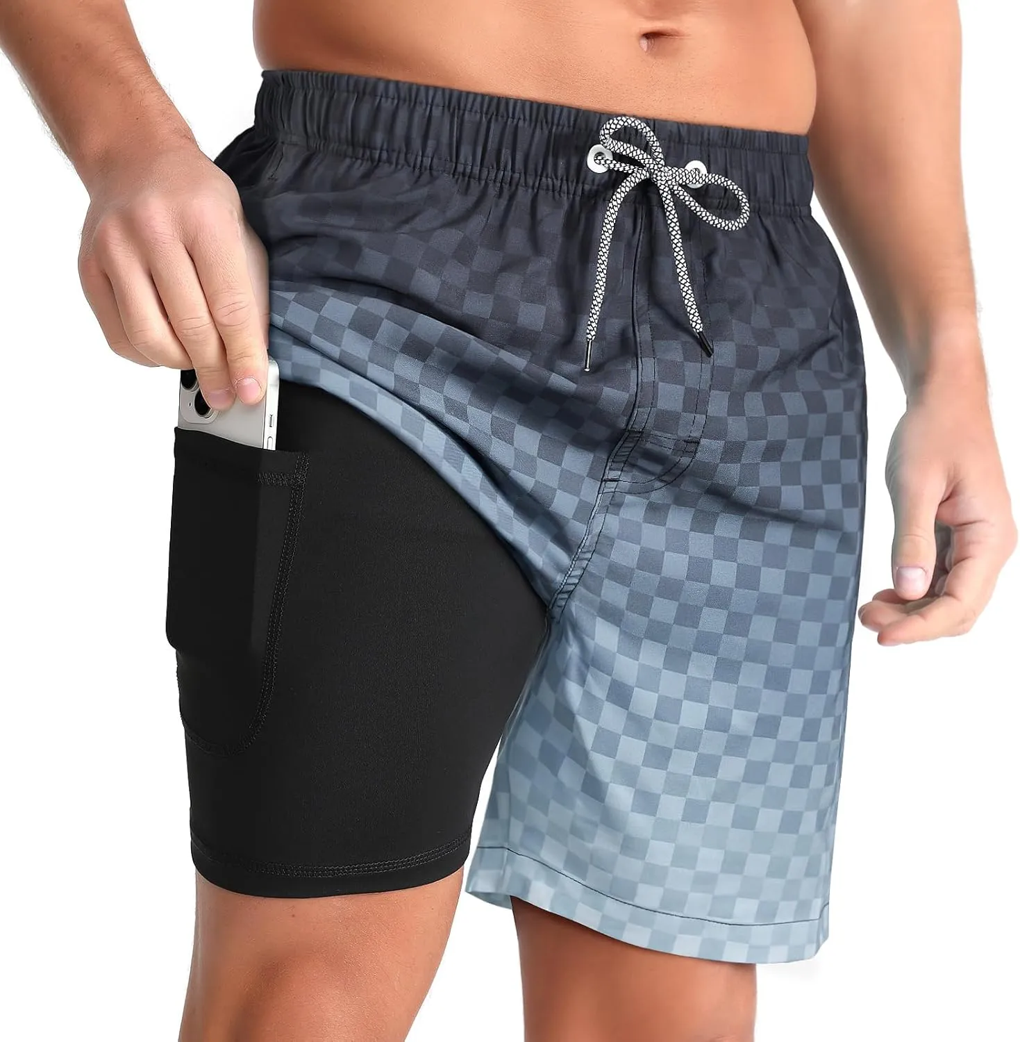 zeetoo Mens Swim Trunks with Compression Liner 5" Inseam Quick Dry Beach Shorts with Zipper Pockets