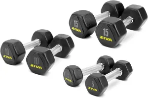 ZIVA Premium Hex Dumbbells – Commercial Grade Rubber Urethane Coated Free Weights for Strength Training, Weightlifting, Home Gym – Durable Steel Core – Sold in Pairs (25–50 Ship by Piece)