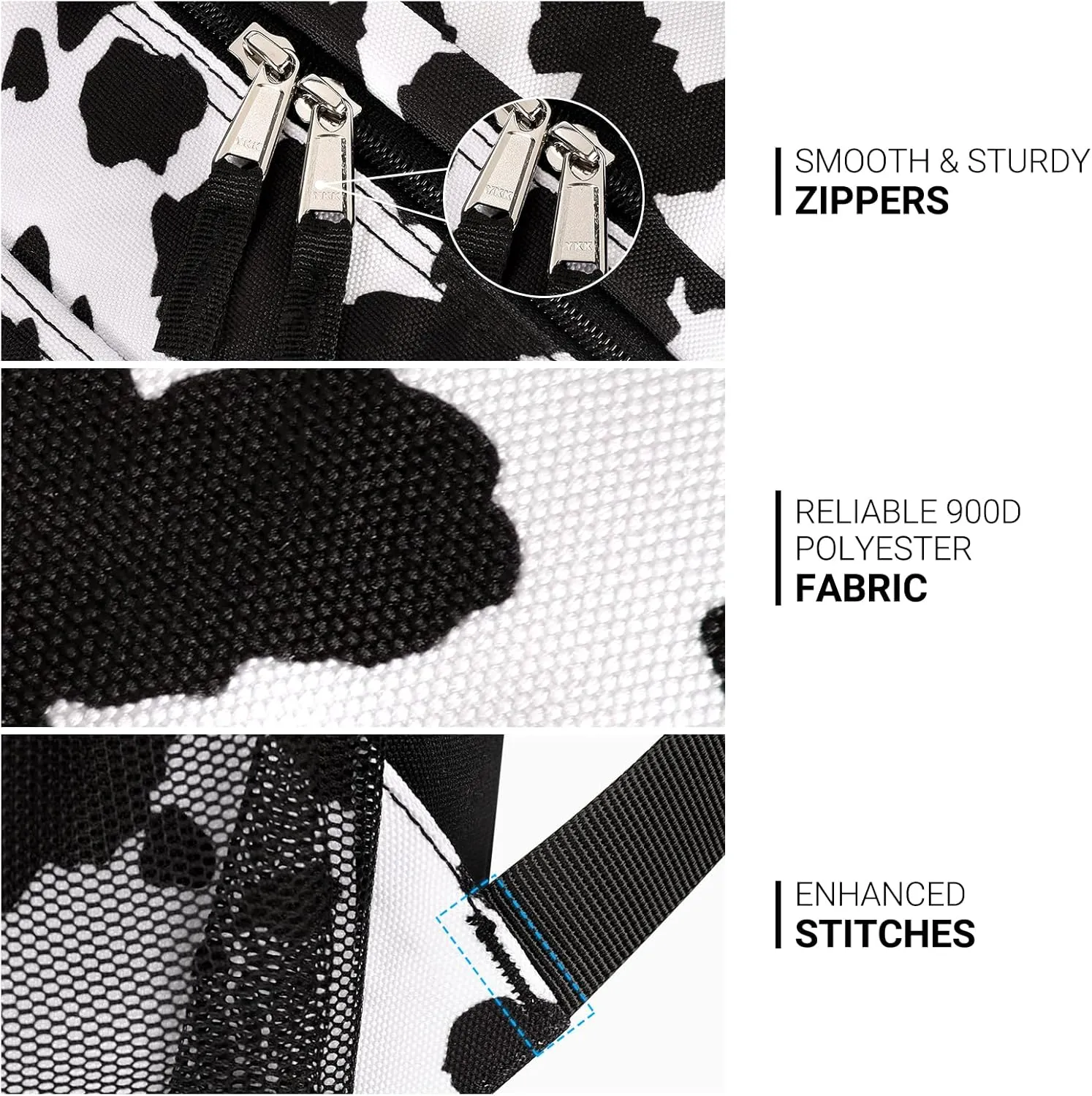 ZORFIN 26L Backpack for School, College, and Travel: Water Resistant Bookbag with 8 Compartments - Cow Print Black