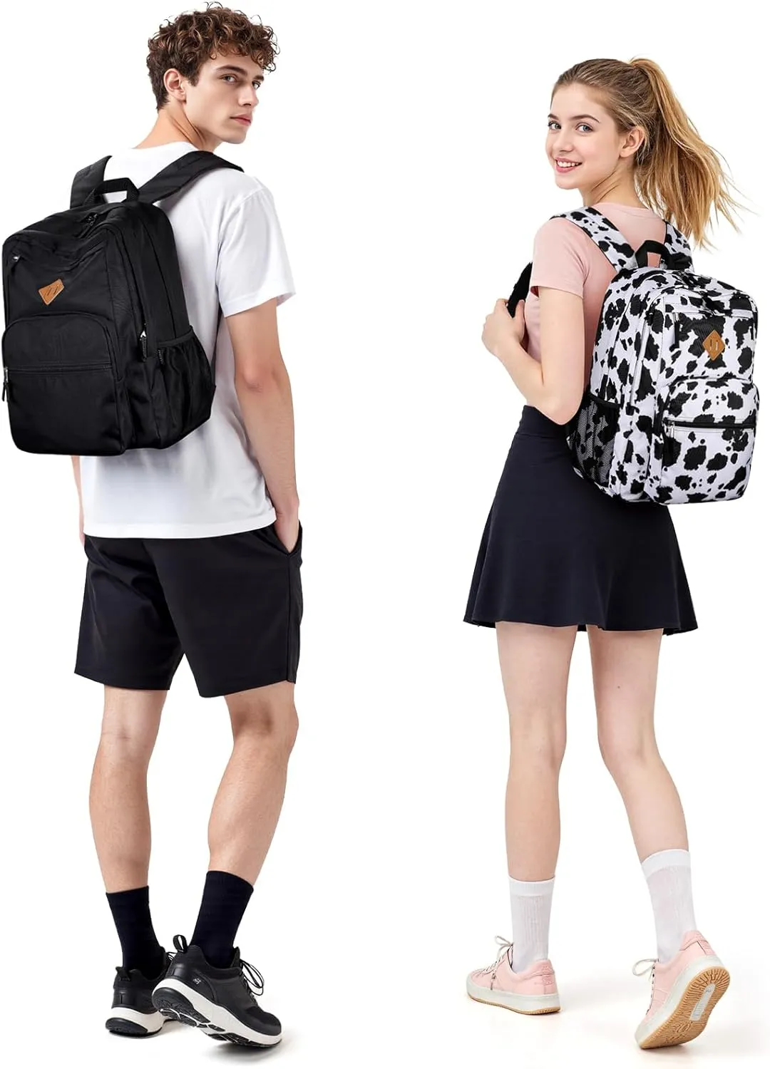 ZORFIN 26L Backpack for School, College, and Travel: Water Resistant Bookbag with 8 Compartments - Cow Print Black