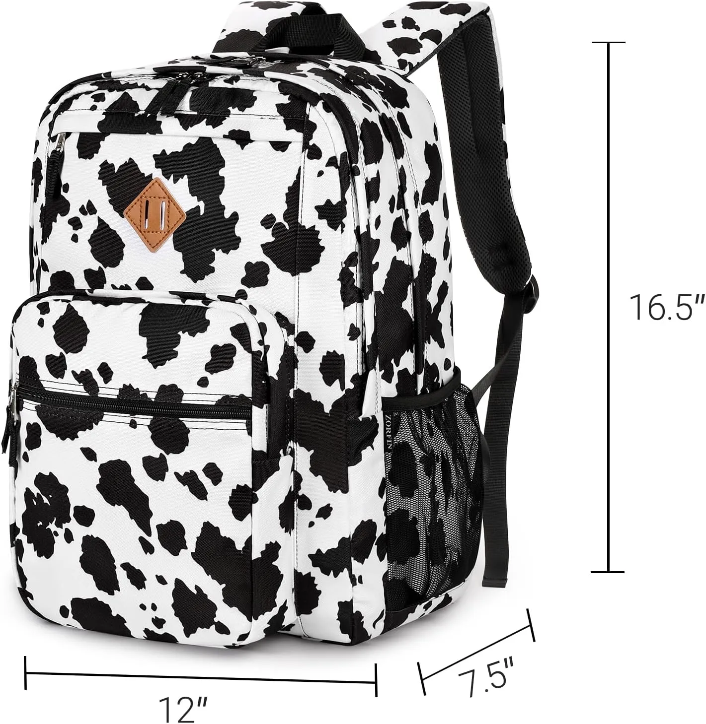 ZORFIN 26L Backpack for School, College, and Travel: Water Resistant Bookbag with 8 Compartments - Cow Print Black