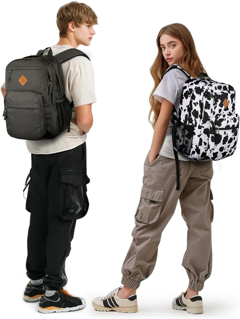 ZORFIN 26L Backpack for School, College, and Travel: Water Resistant Bookbag with 8 Compartments - Cow Print Black