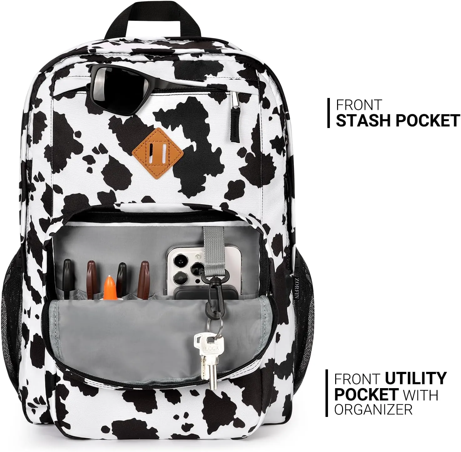 ZORFIN 26L Backpack for School, College, and Travel: Water Resistant Bookbag with 8 Compartments - Cow Print Black