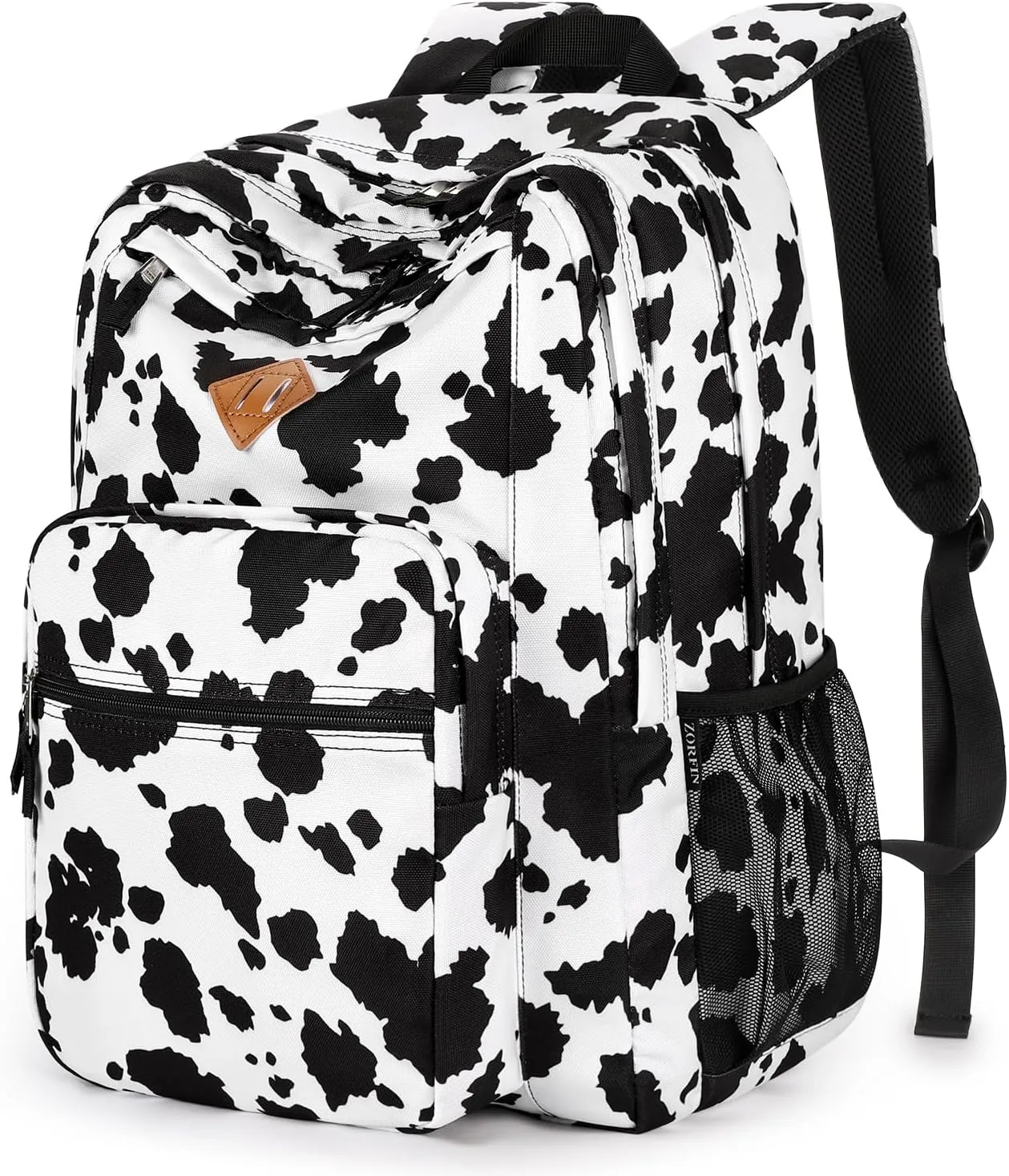 ZORFIN 26L Backpack for School, College, and Travel: Water Resistant Bookbag with 8 Compartments - Cow Print Black