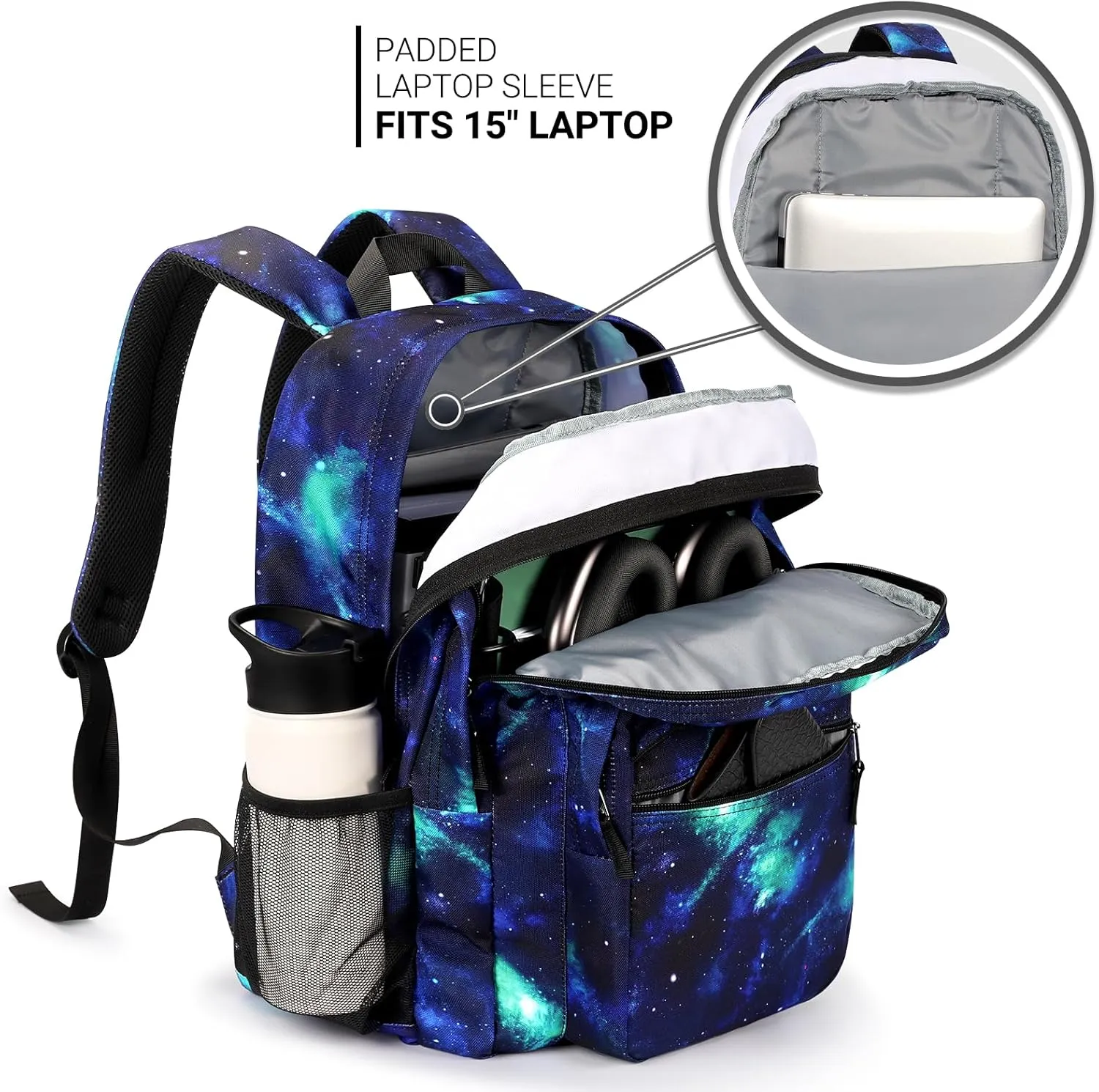 ZORFIN 26L Backpack for School, College, and Travel: Water Resistant Bookbag with 8 Compartments - Cyberspace Galaxy