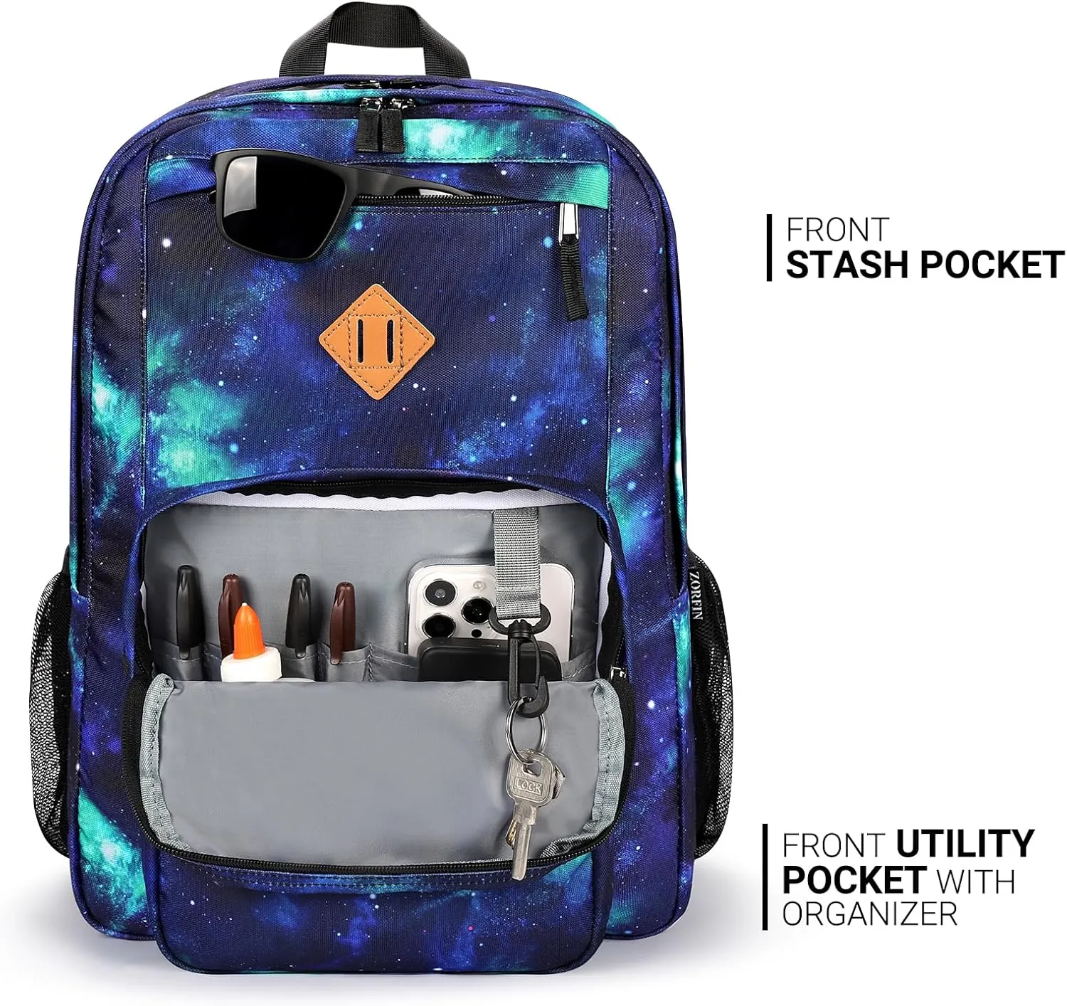 ZORFIN 26L Backpack for School, College, and Travel: Water Resistant Bookbag with 8 Compartments - Cyberspace Galaxy