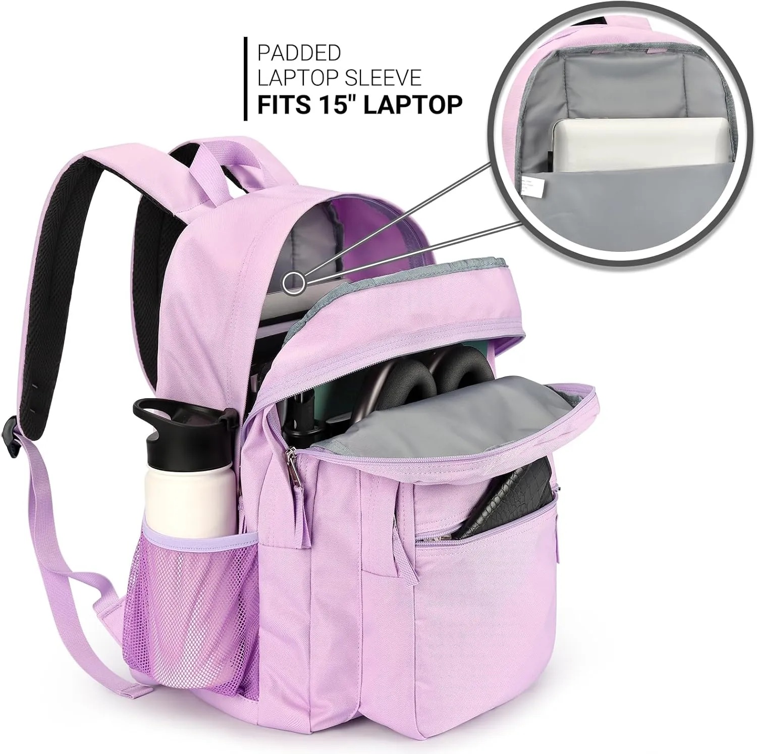 ZORFIN 26L Backpack for School, College, and Travel: Water Resistant Bookbag with 8 Compartments - Light Purple