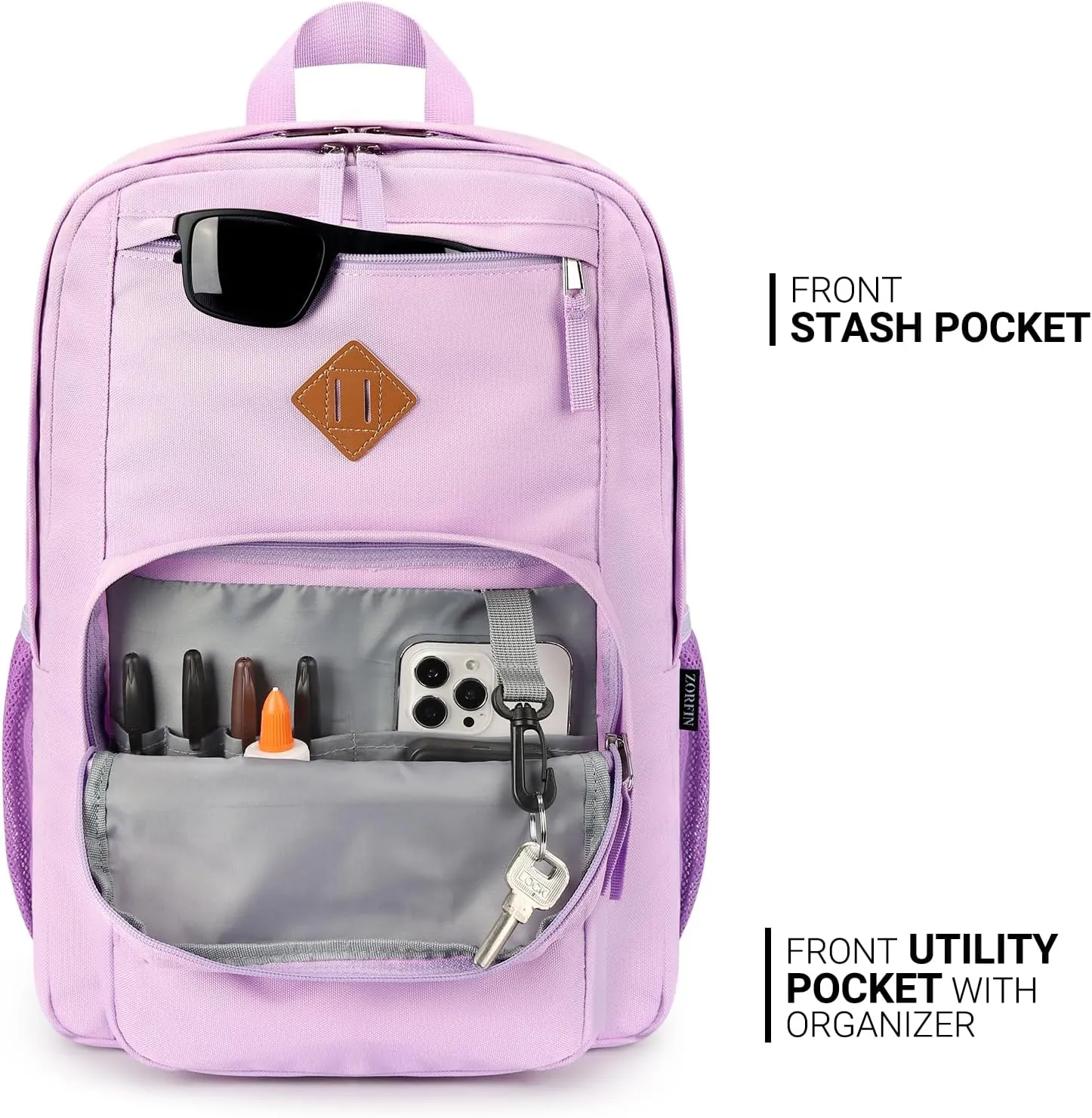 ZORFIN 26L Backpack for School, College, and Travel: Water Resistant Bookbag with 8 Compartments - Light Purple