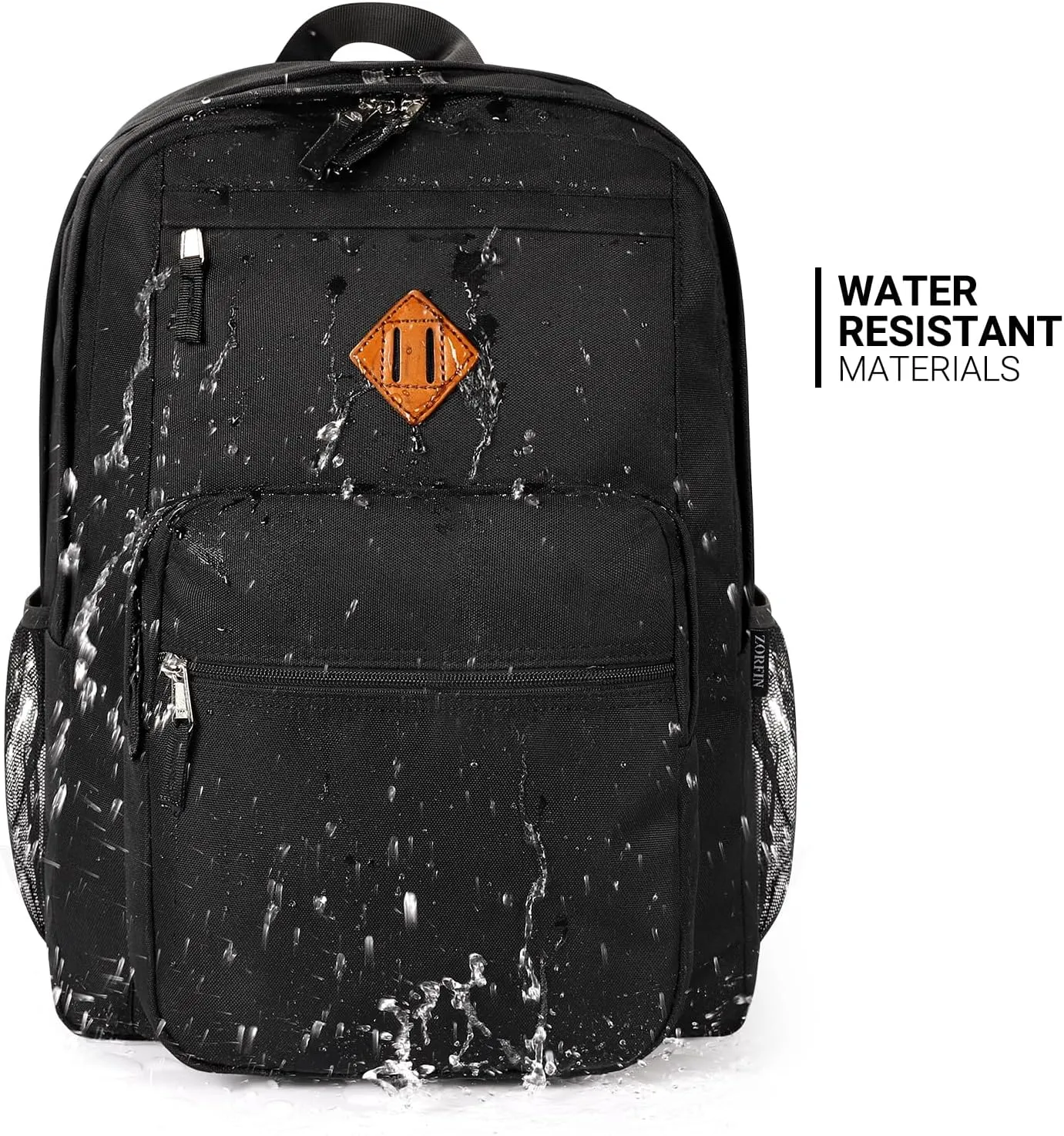 ZORFIN 26L Black Backpack for School Travel: Water Resistant Bookbag with 8 Compartments